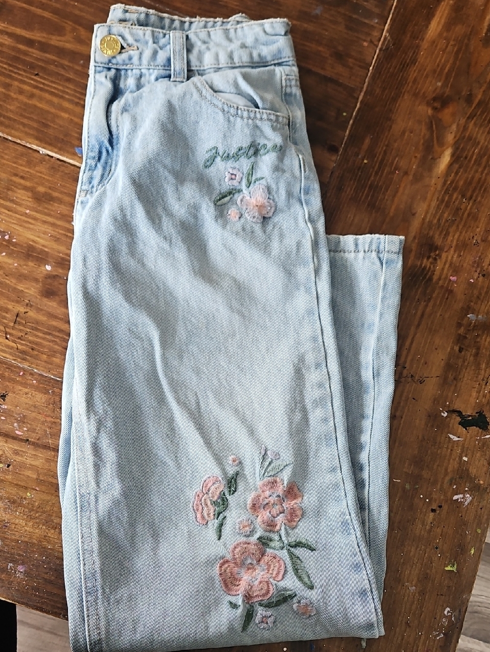 Justice Light Blue Jeans with Pink Floral Embroidery